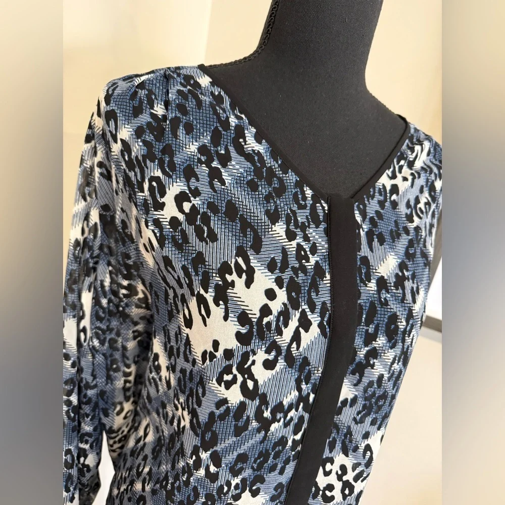 CAbi Fatale Blue and Black Leopard Print Sheer Blouse